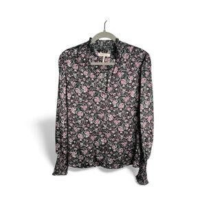 BCBGeneration Purple Green Floral Long Sleeve Smocked V Neck Blouse Size M